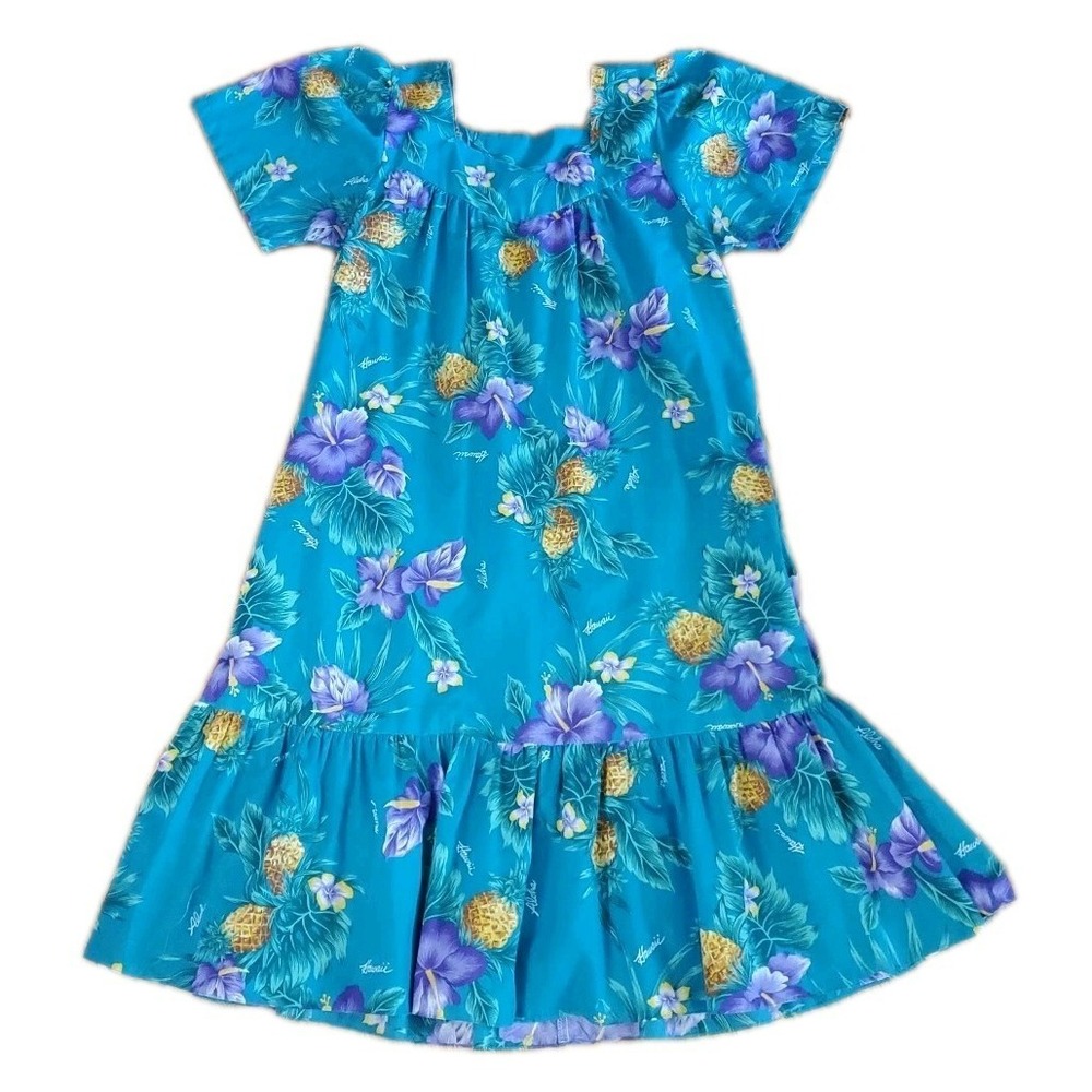 Vtg New Hirizon Hawaiian Floral Dress Size XL Teal w Purple Hibiscus Pineapples